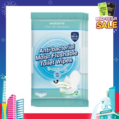 WATSONS Anti-Bacterial Moist Flushable Toilet Wipes (Mild pH Formula, Dermatologically Tested & Biodegradable) 10s x 3