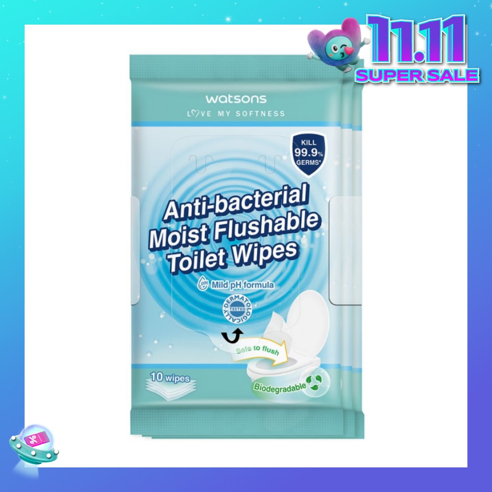 Anti-Bacterial Moist Flushable Toilet Wipes (Mild pH Formula, Dermatologically Tested & Biodegradable) 10s x 3