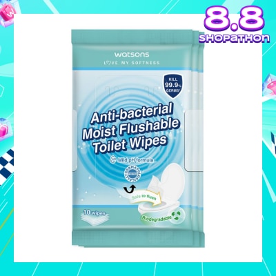 WATSONS Anti-Bacterial Moist Flushable Toilet Wipes (Mild pH Formula, Dermatologically Tested & Biodegradable) 10s x 3