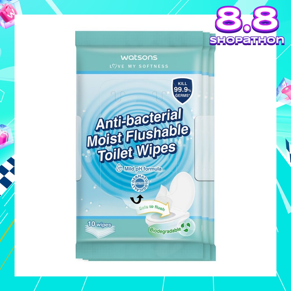 Anti-Bacterial Moist Flushable Toilet Wipes (Mild pH Formula, Dermatologically Tested & Biodegradable) 10s x 3