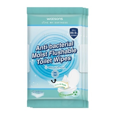 WATSONS Anti-Bacterial Moist Flushable Toilet Wipes (Mild pH Formula, Dermatologically Tested & Biodegradable) 10s x 3