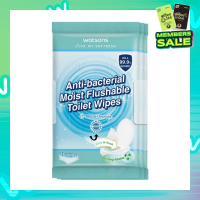 WATSONS Anti-Bacterial Moist Flushable Toilet Wipes (Mild pH Formula, Dermatologically Tested & Biodegradable) 10s x 3