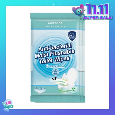 WATSONS Anti-Bacterial Moist Flushable Toilet Wipes (Mild pH Formula, Dermatologically Tested & Biodegradable) 10s x 3