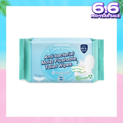 WATSONS Anti-Bacterial Moist Flushable Toilet Wipes (Mild pH Formula, Dermatologically Tested, Biodegradable) 40s
