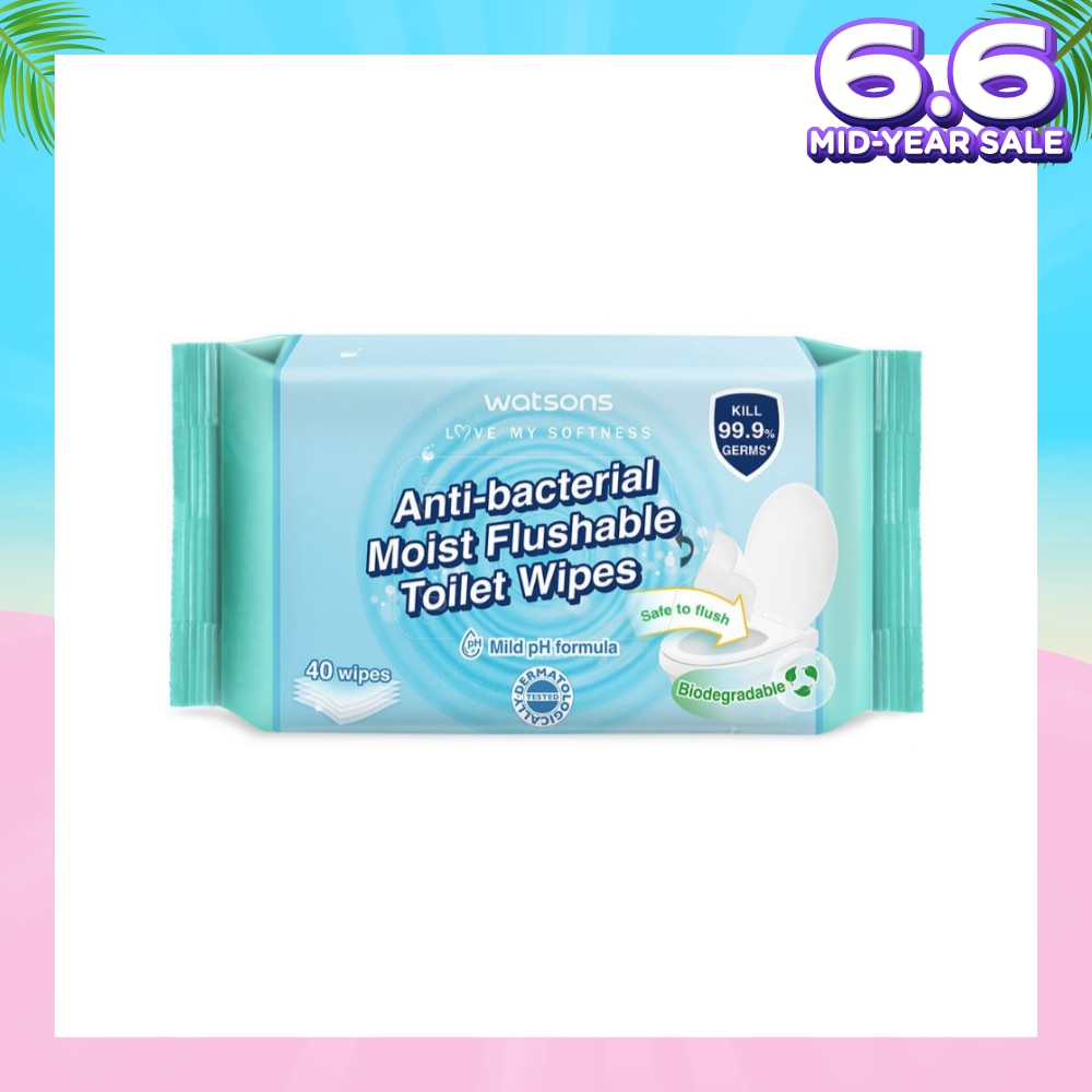 Anti-Bacterial Moist Flushable Toilet Wipes (Mild pH Formula, Dermatologically Tested, Biodegradable) 40s