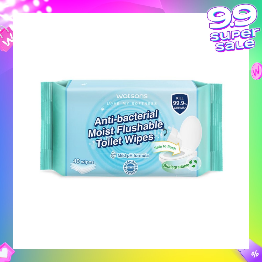 Anti-Bacterial Moist Flushable Toilet Wipes (Mild pH Formula, Dermatologically Tested, Biodegradable) 40s