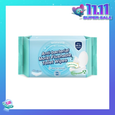 WATSONS Anti-Bacterial Moist Flushable Toilet Wipes (Mild pH Formula, Dermatologically Tested, Biodegradable) 40s
