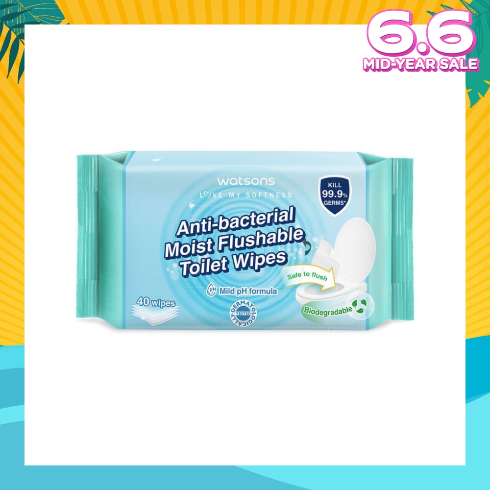 Anti-Bacterial Moist Flushable Toilet Wipes (Mild pH Formula, Dermatologically Tested, Biodegradable) 40s