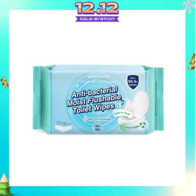 WATSONS Anti-Bacterial Moist Flushable Toilet Wipes (Mild pH Formula, Dermatologically Tested, Biodegradable) 40s