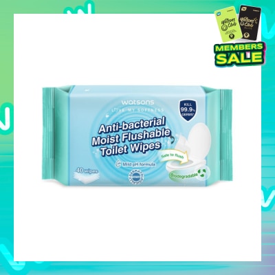 WATSONS Anti-Bacterial Moist Flushable Toilet Wipes (Mild pH Formula, Dermatologically Tested, Biodegradable) 40s