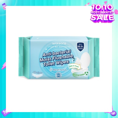 WATSONS Anti-Bacterial Moist Flushable Toilet Wipes (Mild pH Formula, Dermatologically Tested, Biodegradable) 40s