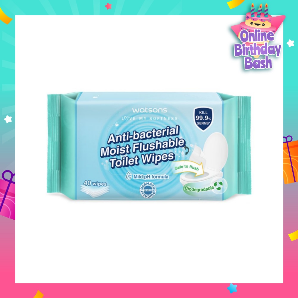 Anti-Bacterial Moist Flushable Toilet Wipes (Mild pH Formula, Dermatologically Tested, Biodegradable) 40s