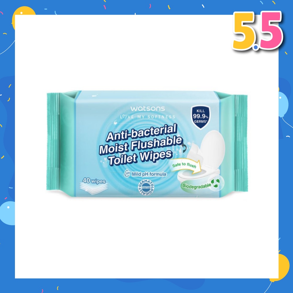Anti-Bacterial Moist Flushable Toilet Wipes (Mild pH Formula, Dermatologically Tested, Biodegradable) 40s