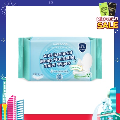WATSONS Anti-Bacterial Moist Flushable Toilet Wipes (Mild pH Formula, Dermatologically Tested, Biodegradable) 40s