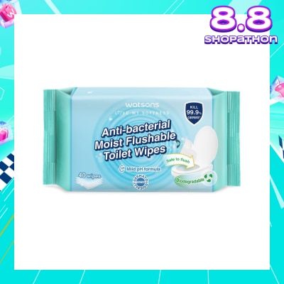 WATSONS Anti-Bacterial Moist Flushable Toilet Wipes (Mild pH Formula, Dermatologically Tested, Biodegradable) 40s