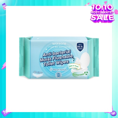 WATSONS Anti-Bacterial Moist Flushable Toilet Wipes (Mild pH Formula, Dermatologically Tested, Biodegradable) 40s