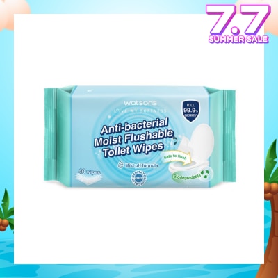 WATSONS Anti-Bacterial Moist Flushable Toilet Wipes (Mild pH Formula, Dermatologically Tested, Biodegradable) 40s