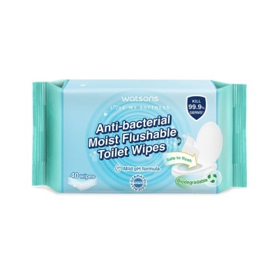 WATSONS Anti-Bacterial Moist Flushable Toilet Wipes (Mild pH Formula, Dermatologically Tested, Biodegradable) 40s