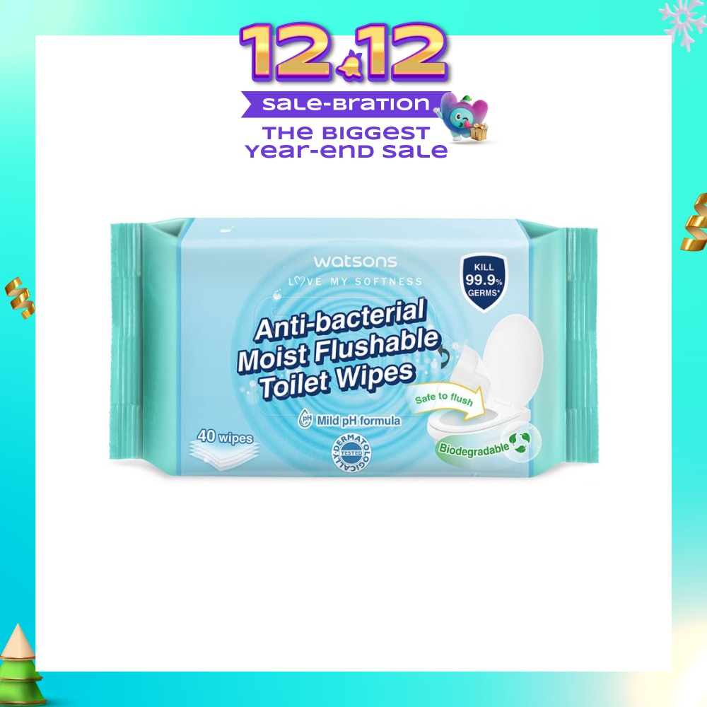 Anti-Bacterial Moist Flushable Toilet Wipes (Mild pH Formula, Dermatologically Tested, Biodegradable) 40s