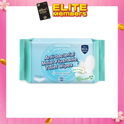 WATSONS [CNY] Anti-Bacterial Moist Flushable Toilet Wipes (Mild pH Formula, Dermatologically Tested, Biodegradable) 40s