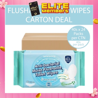 WATSONS Antibacterial Moist Flushable Toilet Wipes (Mild pH Formula, Dermatologically Tested, Biodegradable) 40s x 24 Packs (Per Carton) (Expiry: Jan`2026)