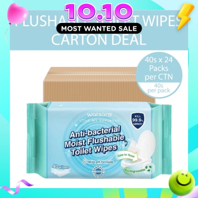 WATSONS Antibacterial Moist Flushable Toilet Wipes (Mild pH Formula, Dermatologically Tested, Biodegradable) 40s x 24 Packs (Per Carton) image