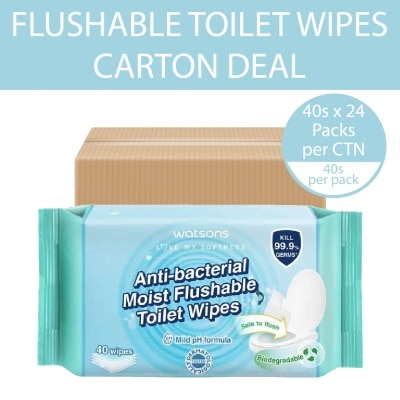 WATSONS Antibacterial Moist Flushable Toilet Wipes (Mild pH Formula, Dermatologically Tested, Biodegradable) 40s x 24 Packs (Per Carton)