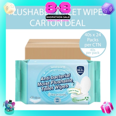 WATSONS - Antibacterial Moist Flushable Toilet Wipes (Mild pH Formula, Dermatologically Tested, Biodegradable) 40s x 24 Packs (Per Carton)