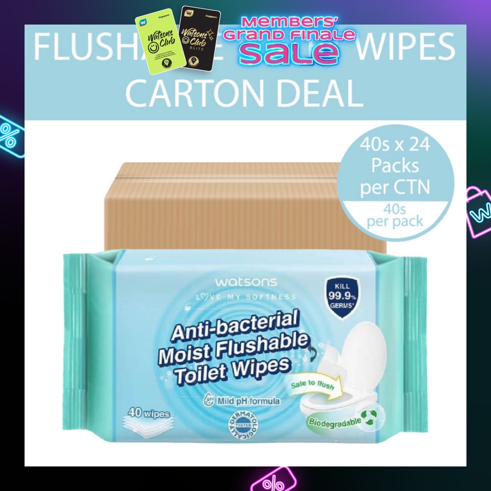 Antibacterial Moist Flushable Toilet Wipes (Mild pH Formula, Dermatologically Tested, Biodegradable) 40s x 24 Packs (Per Carton) (Expiry: Jan`2026)
