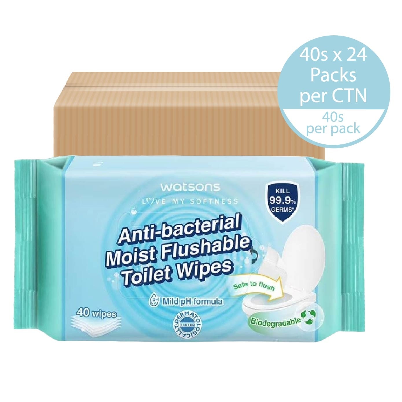 Antibacterial Moist Flushable Toilet Wipes (Mild pH Formula, Dermatologically Tested, Biodegradable) 40s x 24 Packs (Per Carton)