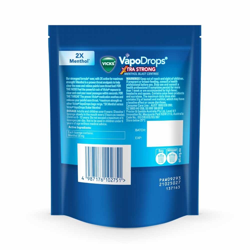 VapoDrops Xtra Strong Menthol Blast Centres Lozenges (To Clears Nose & Soothing Throat) 16s