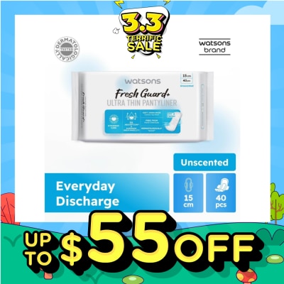 WATSONS Fresh Guard+ Ultra Thin Pantyliner Unscented 15cm 40s