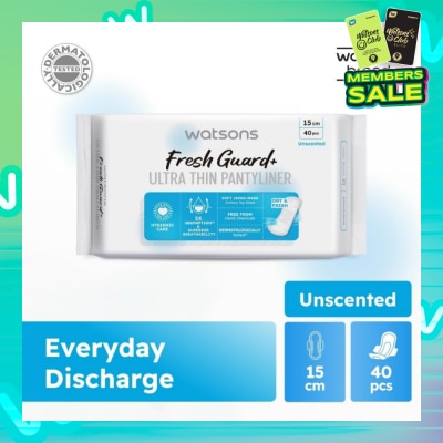 WATSONS Fresh Guard+ Ultra Thin Pantyliner Unscented 15cm 40s