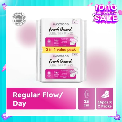 WATSONS Fresh Guard+ Ultra Thin Wings Regular Flow Sanitary Pad 23cm Value Pack 16s x 2