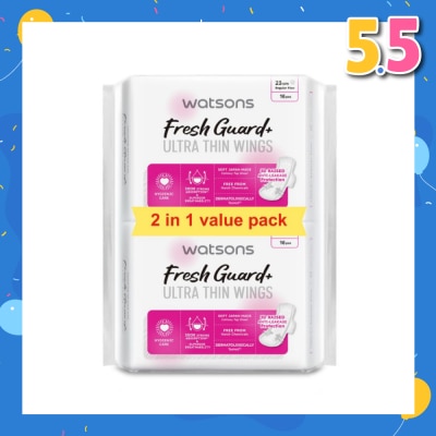 WATSONS Fresh Guard+ Ultra Thin Wings Regular Flow Sanitary Pad 23cm Value Pack 16s x 2