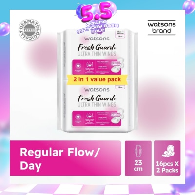 WATSONS - Fresh Guard+ Ultra Thin Wings Regular Flow Sanitary Pad 23cm Value Pack 16s x 2