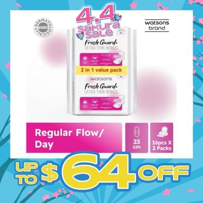 WATSONS - Fresh Guard+ Ultra Thin Wings Regular Flow Sanitary Pad 23cm Value Pack 16s x 2