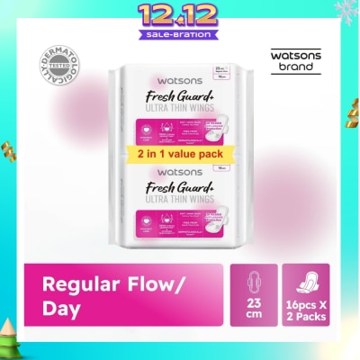 WATSONS Fresh Guard+ Ultra Thin Wings Regular Flow Sanitary Pad 23cm Value Pack 16s x 2