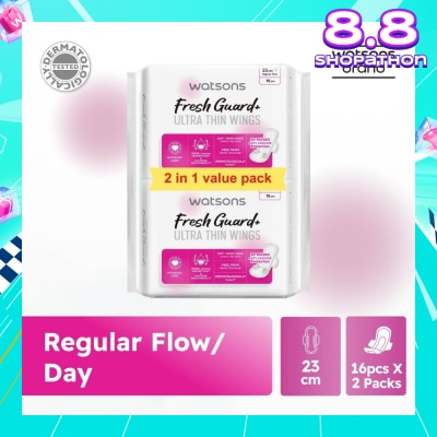 WATSONS Fresh Guard+ Ultra Thin Wings Regular Flow Sanitary Pad 23cm Value Pack 16s x 2