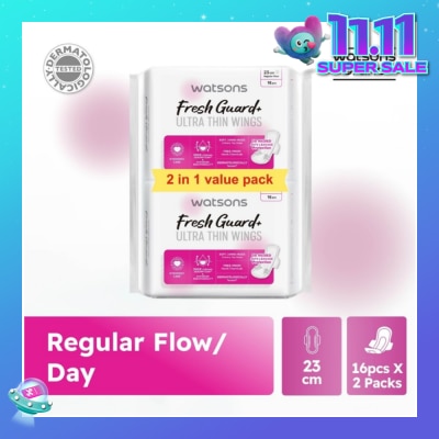 WATSONS Fresh Guard+ Ultra Thin Wings Regular Flow Sanitary Pad 23cm Value Pack 16s x 2