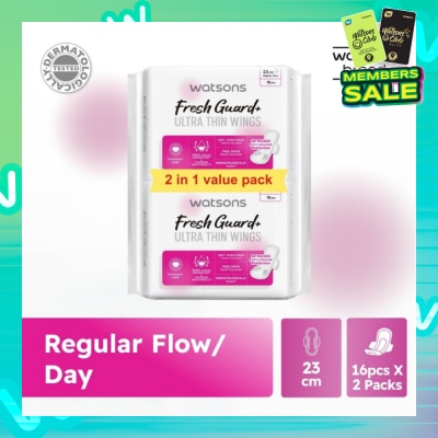 WATSONS Fresh Guard+ Ultra Thin Wings Regular Flow Sanitary Pad 23cm Value Pack 16s x 2