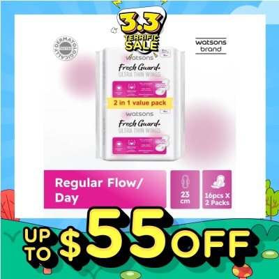 WATSONS Fresh Guard+ Ultra Thin Wings Regular Flow Sanitary Pad 23cm Value Pack 16s x 2