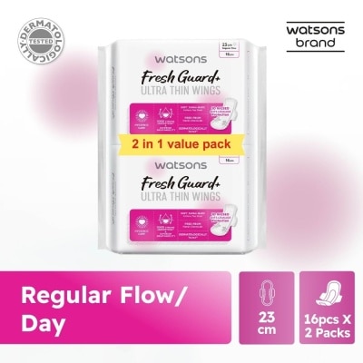 WATSONS Fresh Guard+ Ultra Thin Wings Regular Flow Sanitary Pad 23cm Value Pack 16s x 2