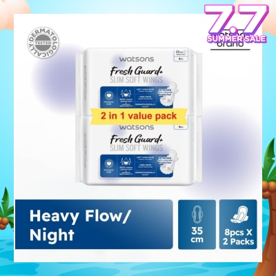 WATSONS Fresh Guard+ Slim Soft Wings Heavy Flow Sanitary Pad 35cm Value Pack 8s x 2