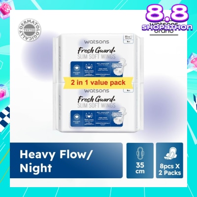WATSONS Fresh Guard+ Slim Soft Wings Heavy Flow Sanitary Pad 35cm Value Pack 8s x 2