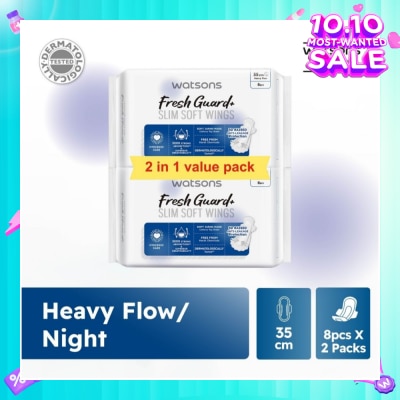 WATSONS Fresh Guard+ Slim Soft Wings Heavy Flow Sanitary Pad 35cm Value Pack 8s x 2