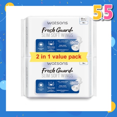 WATSONS Fresh Guard+ Slim Soft Wings Heavy Flow Sanitary Pad 35cm Value Pack 8s x 2
