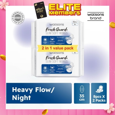WATSONS Fresh Guard+ Slim Soft Wings Heavy Flow Sanitary Pad 35cm Value Pack 8s x 2
