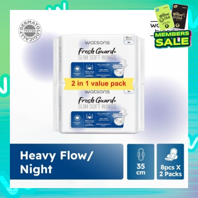 WATSONS Fresh Guard+ Slim Soft Wings Heavy Flow Sanitary Pad 35cm Value Pack 8s x 2