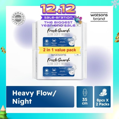 WATSONS Fresh Guard+ Slim Soft Wings Heavy Flow Sanitary Pad 35cm Value Pack 8s x 2